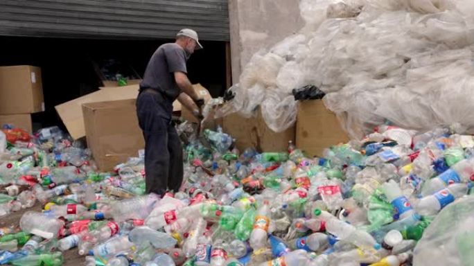 在回收工厂前，工人整理塑料瓶