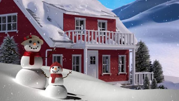 带有房子和两个雪人的圣诞节风景下的雪的动画