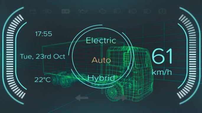 混合动力汽车界面上的速度计和功率状态数据的动画，通过3d卡车模型