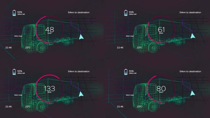 车辆接口上的速度计，gps和充电状态数据的动画，通过3d卡车模型