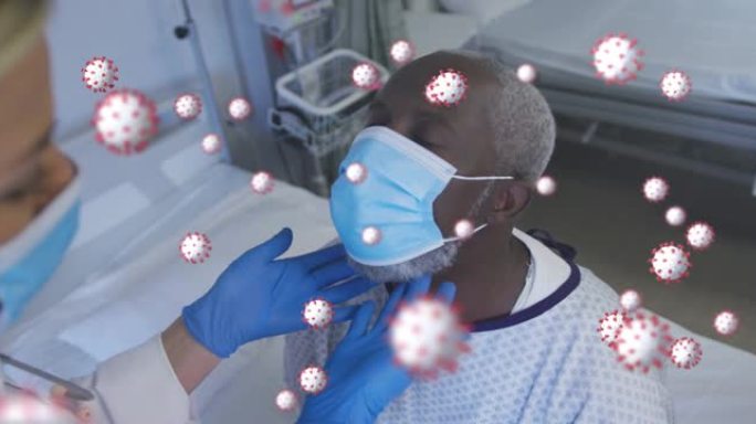女性医生和男性患者在面罩上的covid 19细胞动画