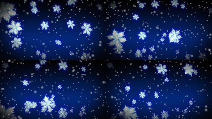 蓝色背景上的圣诞节雪花飘落的动画