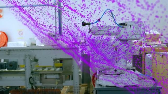 紫色粒子漂浮的动画和机器人上的数据处理