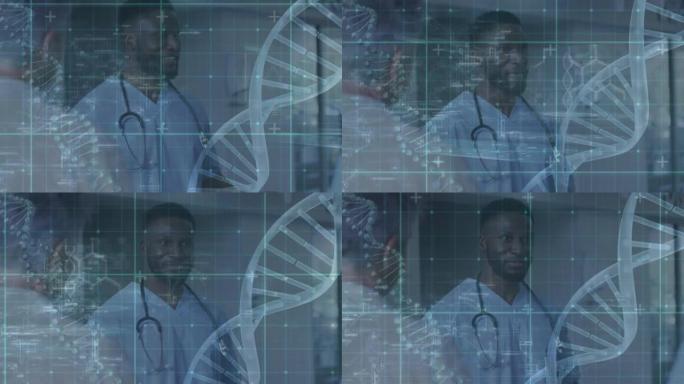 非裔美国男性医生说话时dna链的动画