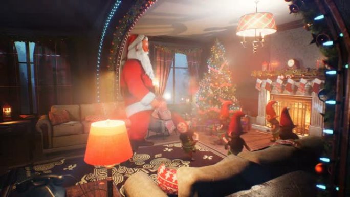 圣诞老人和他的助手精灵在圣诞节快乐地跳舞。圣诞气氛概念的概念。循环动画非常适合圣诞节和除夕背景。