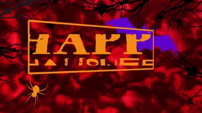 万圣节快乐的数字动画红色背景下的文字横幅和蝙蝠图标