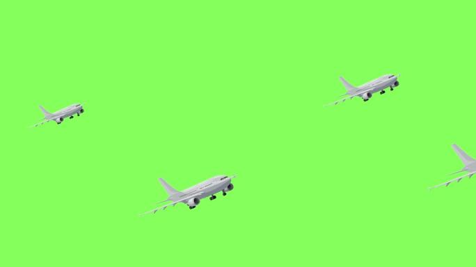 在色度关键背景上飞行的现实飞机。绿屏4k动画。