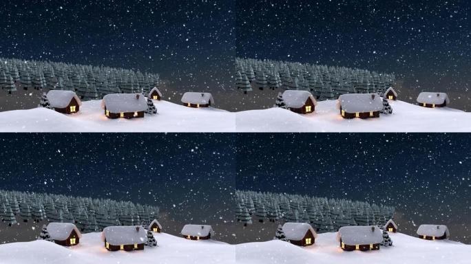 带有房屋和枞树的冬季风景飘落的积雪动画