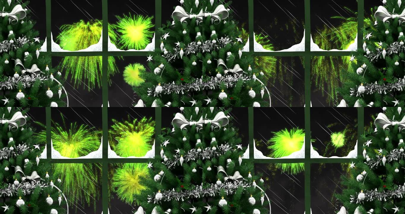 窗户的动画，雪，圣诞树和绿色烟花在夜空中爆炸