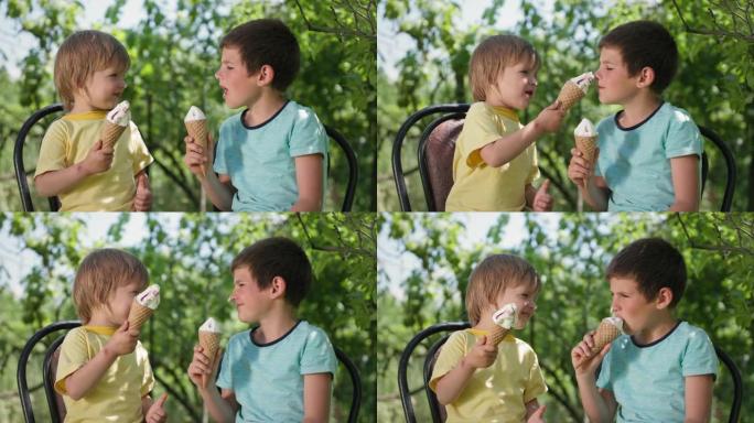 无忧无虑的童年，可爱的兄弟在炎热的天气里吃凉爽的冰淇淋，在暑假里用甜蜜的甜点互相摩擦鼻子
