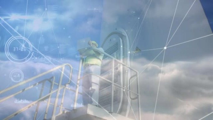 背景中风力涡轮机和男性工程师的连接网络动画
