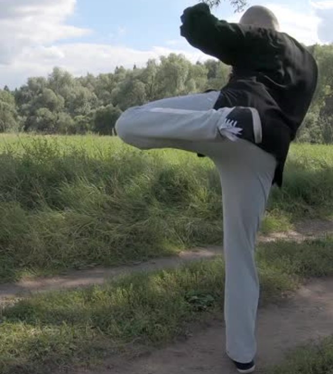 男子表演跆拳道风格的踢腿-垂直视频