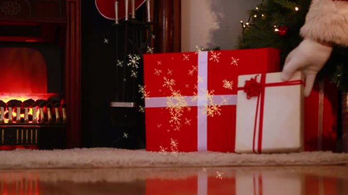 圣诞老人和圣诞节礼物上的雪的动画