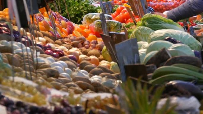 蔬菜和水果市场有各种各样的水果。健康素食。大城市的蔬菜市场。柜台上的健康新鲜有机素食。德语的价格标签