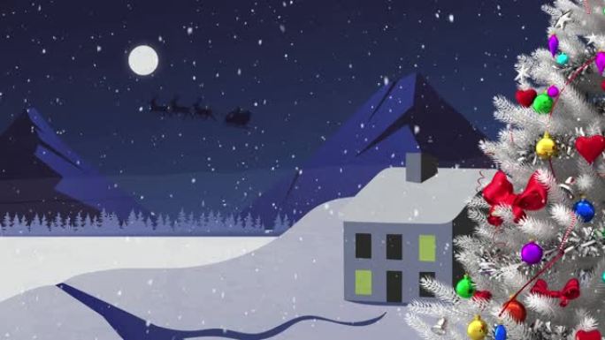 圣诞树和雪落在房屋，树木和山脉的冬季景观上
