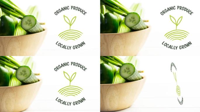 绿色有机农产品文本在白色碗中的新鲜有机蔬菜沙拉上的动画