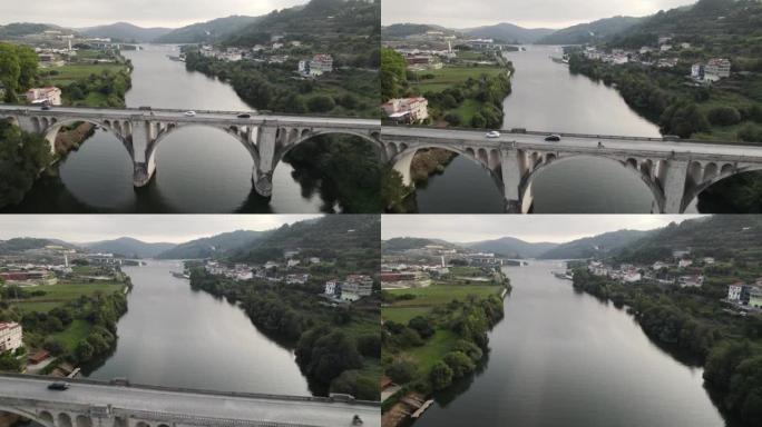 在Entre Os Rios的一座桥上的空中前视图。葡萄牙。实时