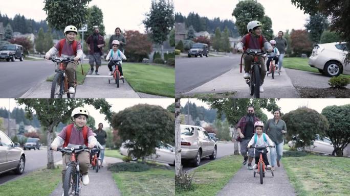 快乐的美国原住民兄弟姐妹骑自行车上学