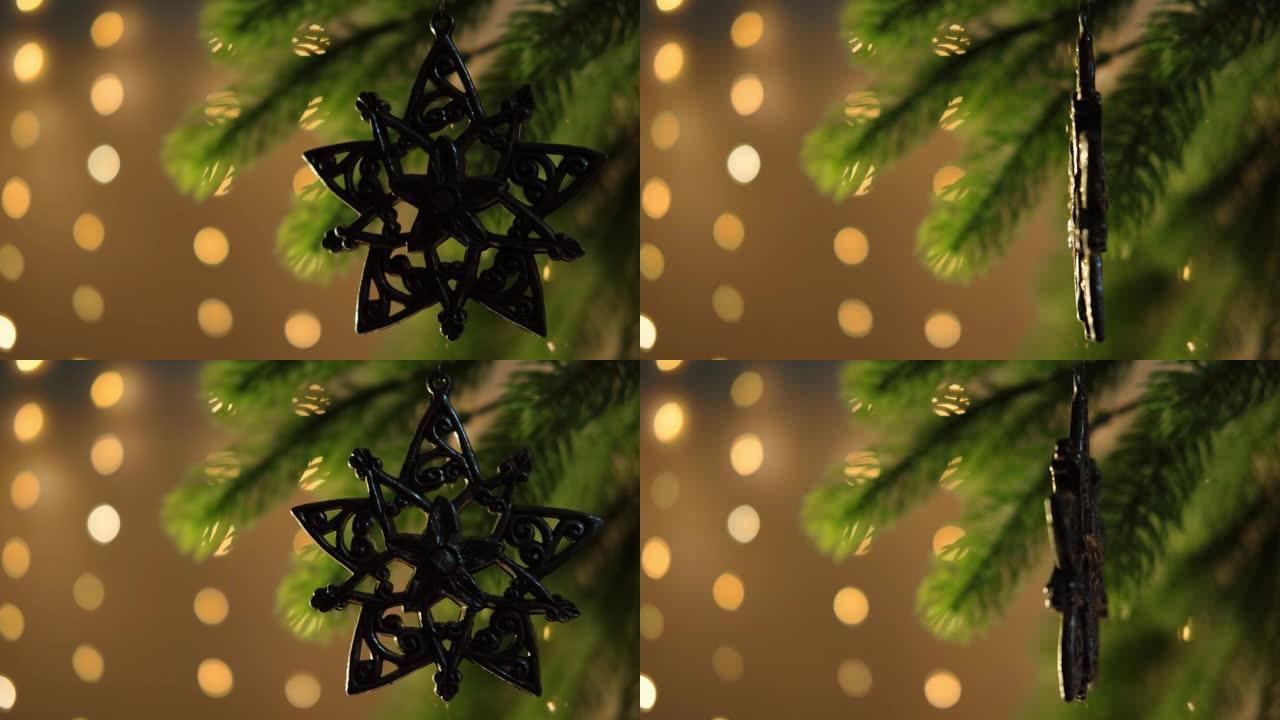 银金属星旋云杉分支特写。圣诞可持续小玩意。圣诞节或新年背景。慢动作。选择性聚焦。