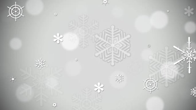 闪亮的闪光，在灰白色的银白色背景上有冰冻的雪花。循环冬季圣诞节背景，圣诞快乐和新年假期。4k动画