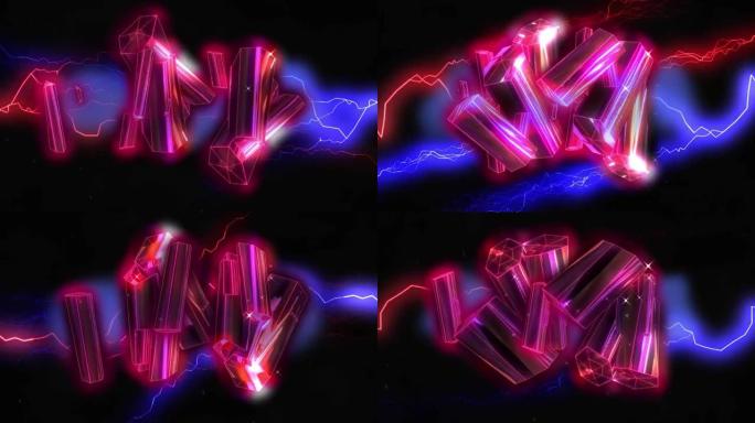 粉红色金属棒漂浮的动画，黑色上有发光的红色和蓝色电流