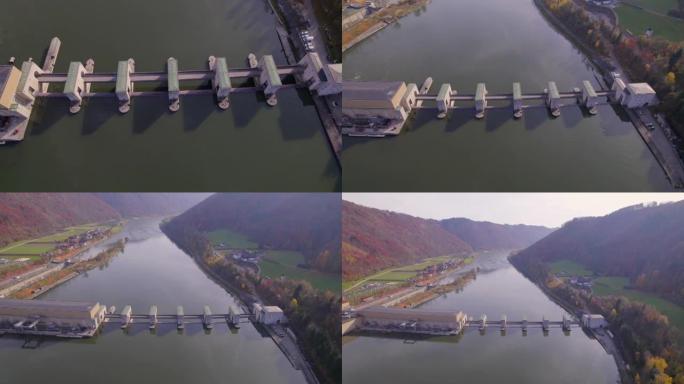 河上的水力发电站大坝鸟瞰图