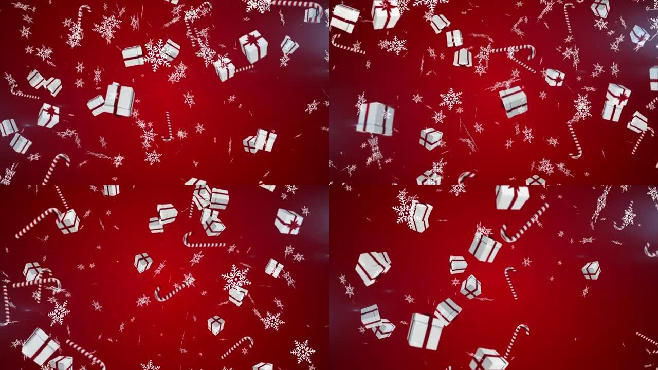 雪花，圣诞节礼物和糖果手杖图标落在红色背景下