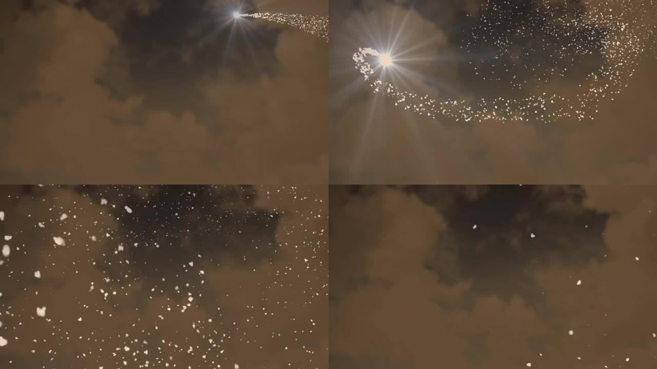 棕色背景上流星和星星掉落在云上的动画