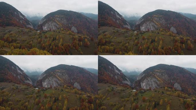 罗马尼亚村庄秋天色彩的山区乡村景观的鸟瞰图