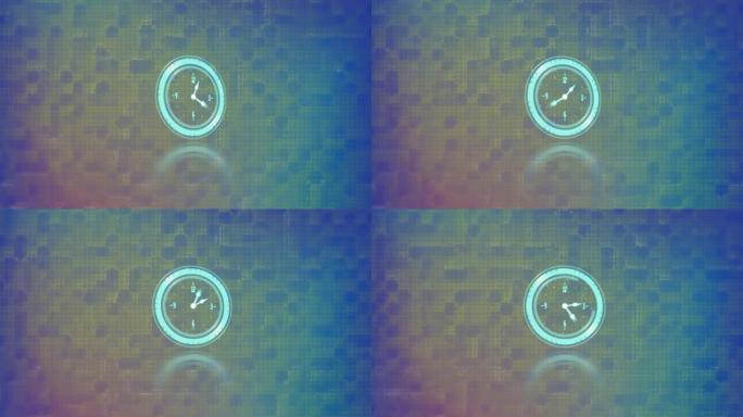 像素化黄色和蓝色背景上的时钟面扫描仪动画