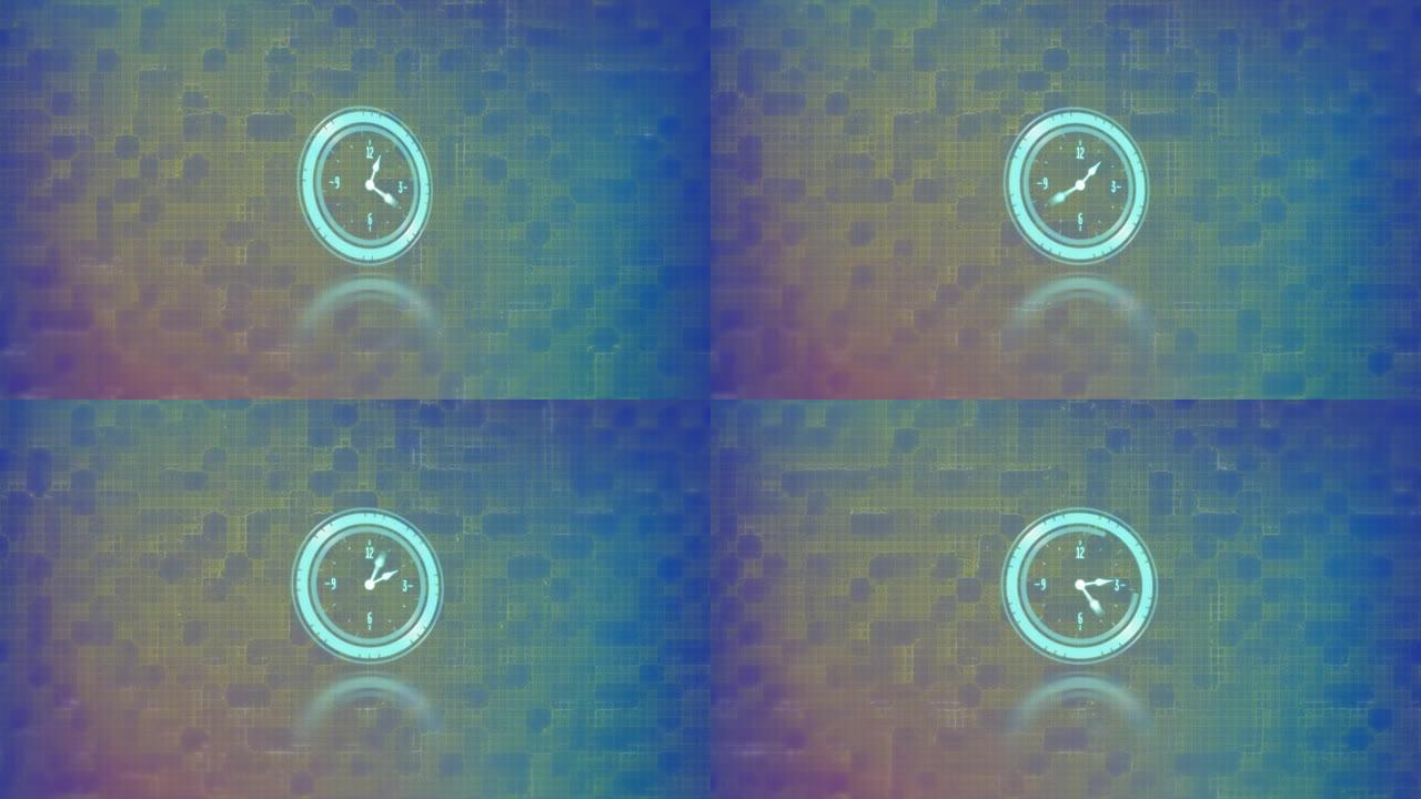 像素化黄色和蓝色背景上的时钟面扫描仪动画