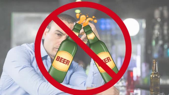 啤酒瓶上的红色禁止标志和坐在酒吧里沉思的白人男子的动画