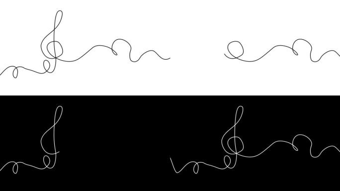 自画高音谱号。高音谱号单连续单线绘制的简单动画。白色素描动画黑线。音乐笔记。阿尔法通道。用于动态网页