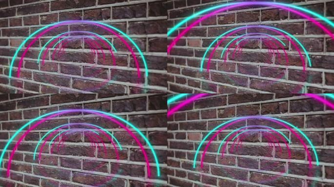 砖墙上发光的霓虹蓝色和粉红色隧道的动画