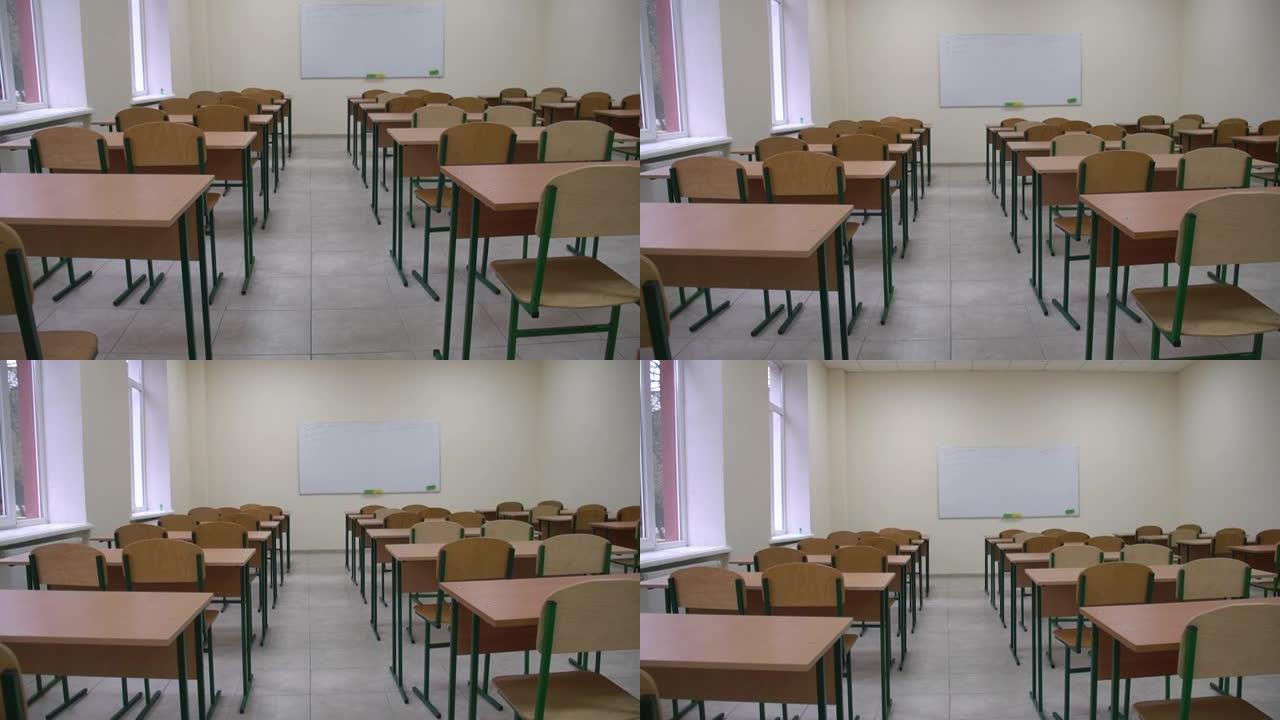 教室或学校的空教室模糊，课桌椅木头用于高中学习课程