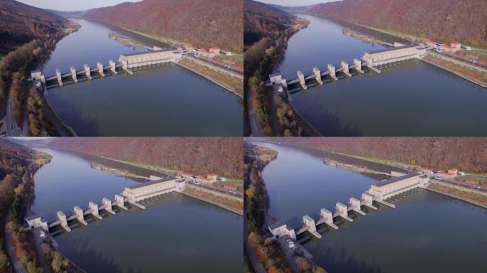 河上的水力发电站大坝鸟瞰图