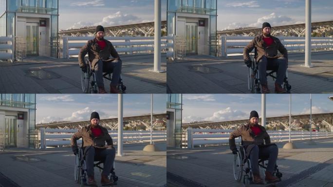 身体残疾和截瘫的男子正在乘轮椅在城市移动