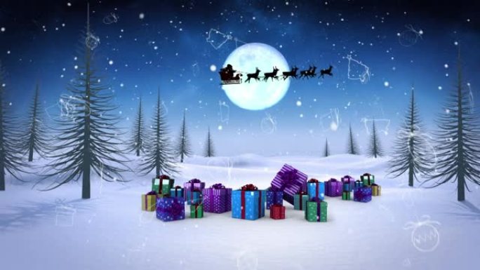 圣诞概念图标和雪落在夜空的冬季景观上的圣诞礼物上