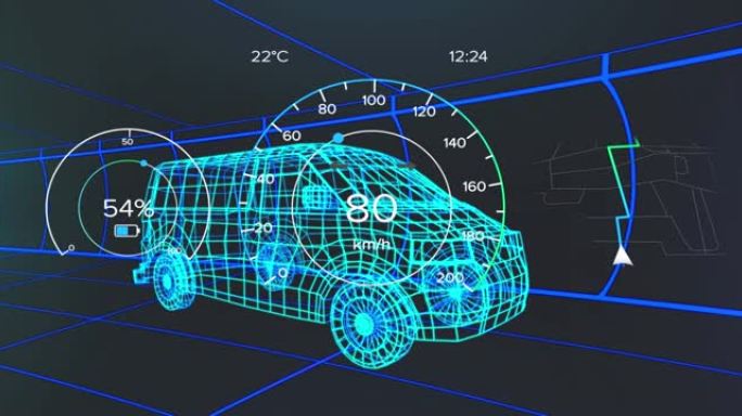 3d货车模型上的车辆接口上的速度计，gps和充电状态数据的动画