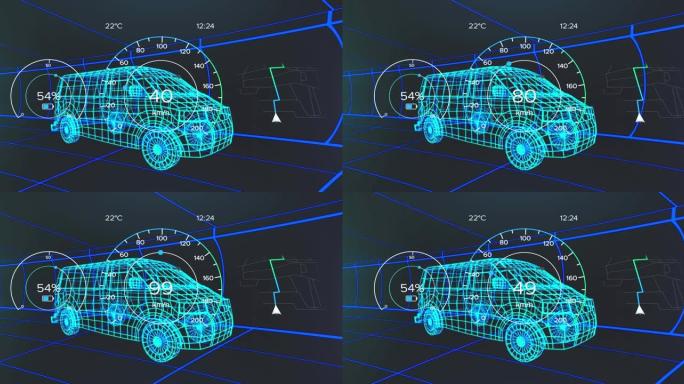 3d货车模型上的车辆接口上的速度计，gps和充电状态数据的动画