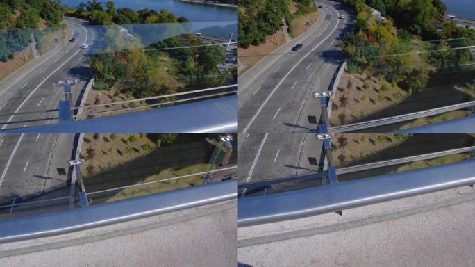 从桥上到河流和道路的俯视图。自杀念头。