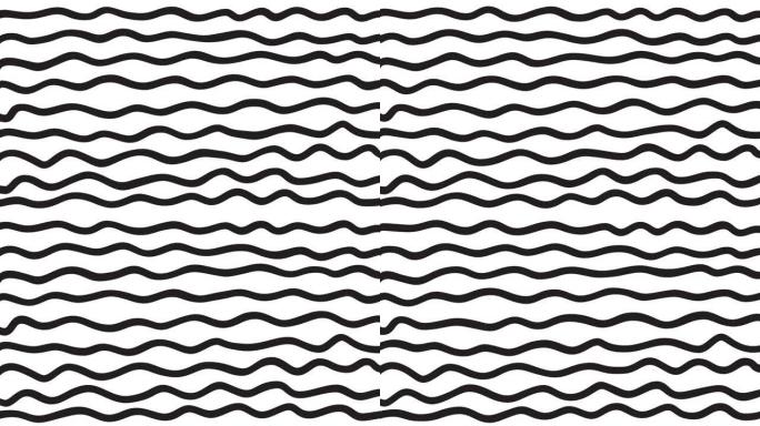 白色背景上抽象有趣的手绘波浪线。时尚复古定格风格的卡通可爱元素。创意设计项目的无缝循环涂鸦素描动画。