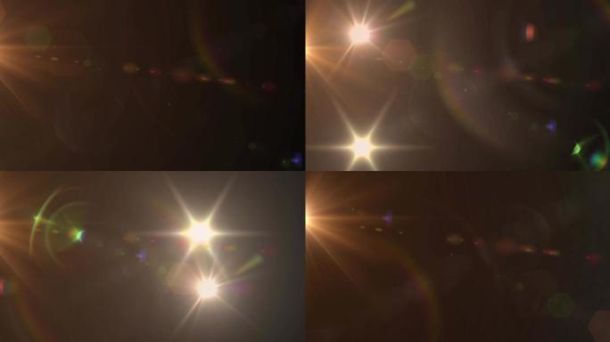 镜头耀斑和光束在黑暗背景上移动的聚光灯动画