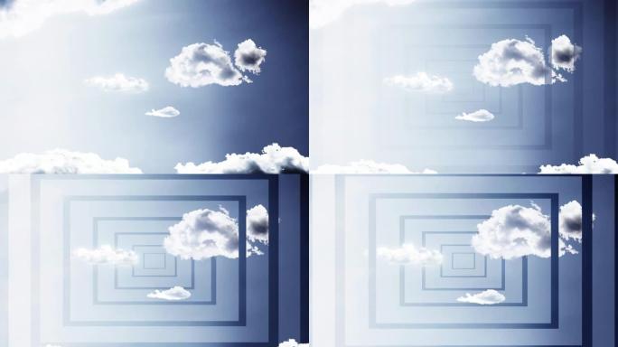 蓝天，云彩和矩形形式的褪色入口。具有视差效果的4K 3D创意视频动画。