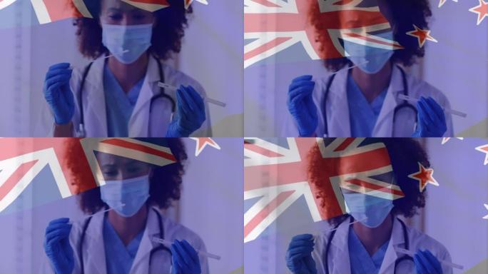 澳大利亚国旗在口罩和手套检查covid测试拭子的女医生上的动画