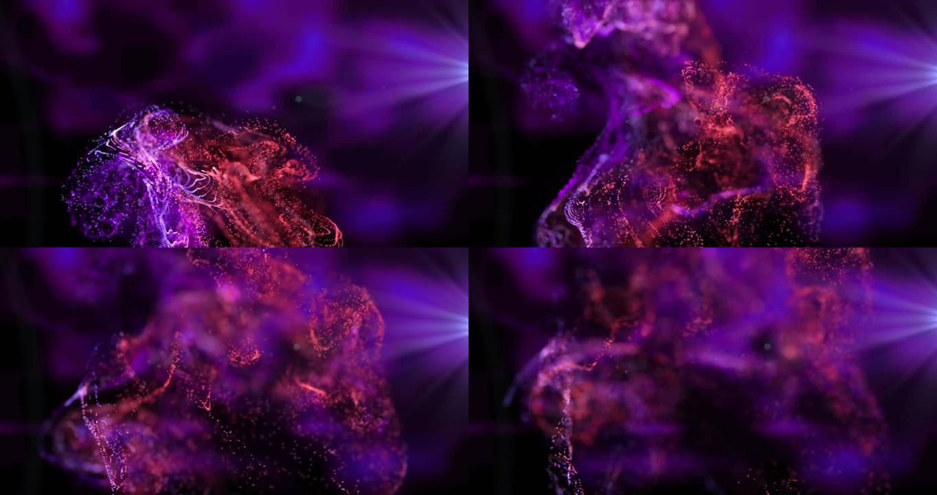 黑色背景上的红色和粉红色颗粒在紫色灯光下移动的动画