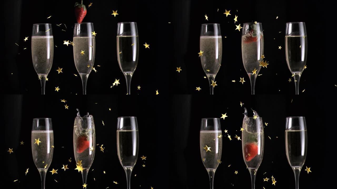 黑色背景上漂浮在香槟杯上的星星的动画