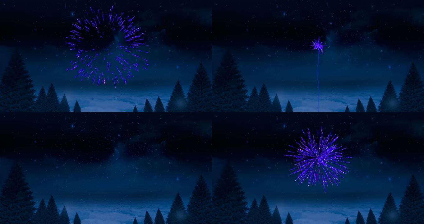 紫色圣诞节和新年烟花在夜空中的树木上爆炸的动画