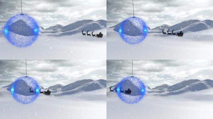 圣诞老人在雪橇上的动画，驯鹿在下雪，摆设和冬季景观上