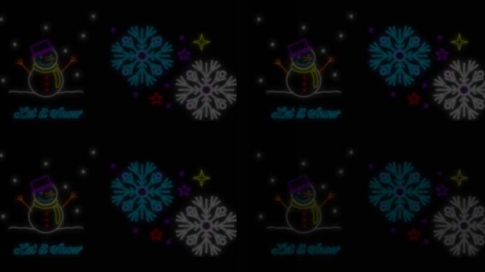 霓虹灯的动画让它在圣诞节的黑色背景上带有雪花的雪文字